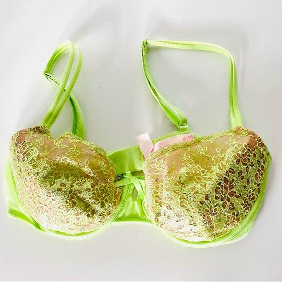 NEW VS VICTORIAS SECRET Lime Green Beige Tan Lace Bow Crystal Balconet Bra 34C - Picture 2 of 10
